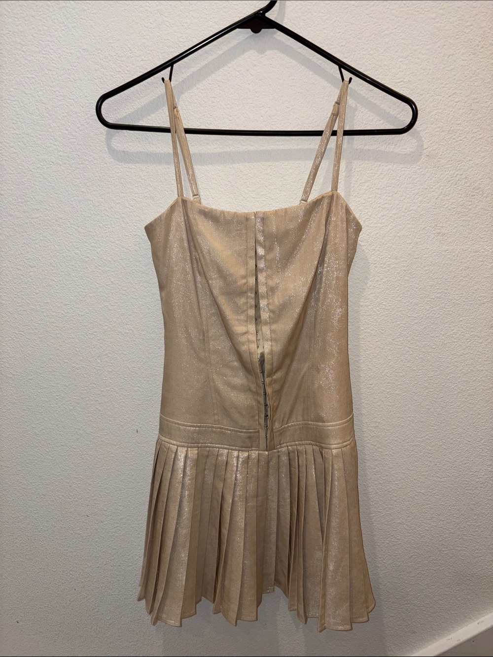 Anthropology Metallic Champagne Pleated Dress with Spaghetti Straps